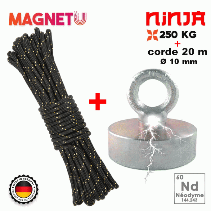 AIMANT NÉODYME START 250 kg ( simple face ) + 1 corde de 20m - Ø 10mm