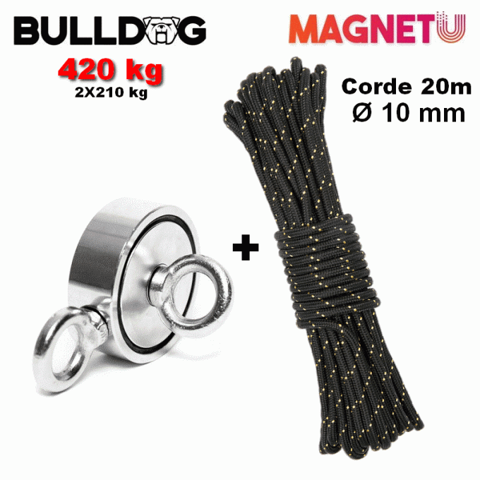 AIMANT NÉODYME BULLDOG 420 KG (2 X 210 KG) +1 corde de 20m Ø 10 mm